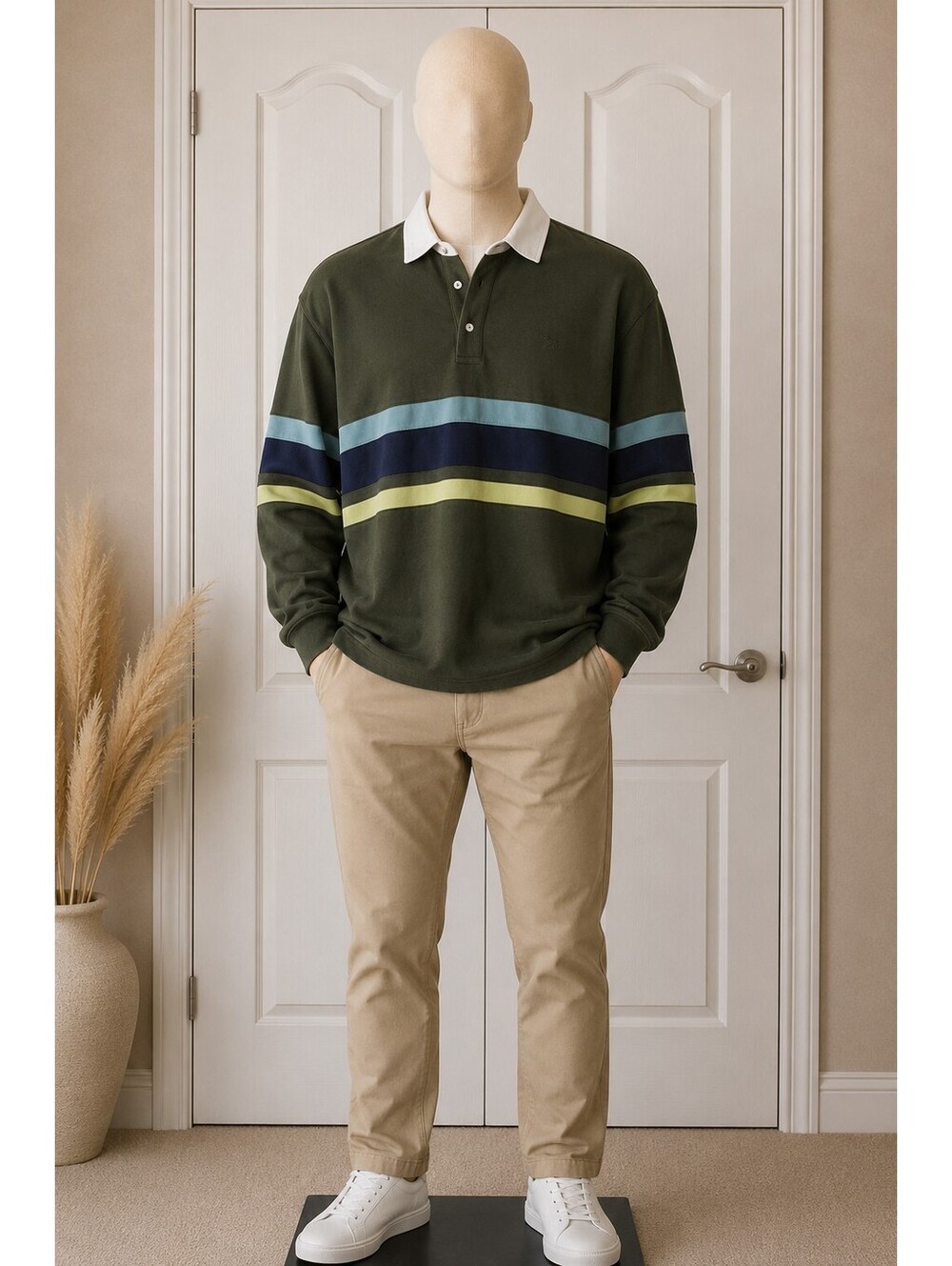 Simply Southern Men's Long Sleeve Rugby Polo Shirt Olive Green Striped XL 0217